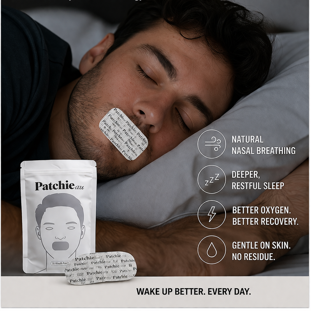 Man sleeping with a Patchie sleep aid patch on his nose, accompanied by product packaging and text about its benefits.